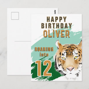 Verjaardag met waterverf Tijgerkop  Briefkaart