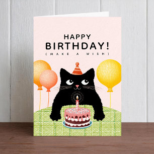 Verjaardag met zwarte kat, cake en kaars kaart