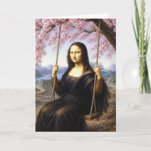 Verjaardag Mona Lisa op een schommel in kersenbloe Kaart