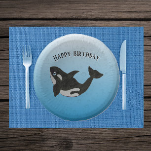 Verjaardag Moord Orka Schattig Cartoon op Water Bl Papieren Kommen
