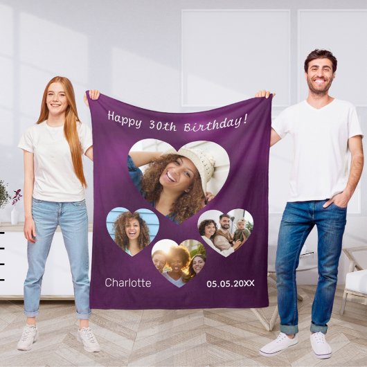 Verjaardag naam leeftijd foto hart collage vrouw p fleece deken