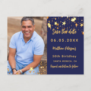 Verjaardag navy blauw gouden foto save the date aankondigingskaart