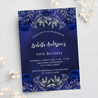 Verjaardag navy blauwe bloemen luxe kaart