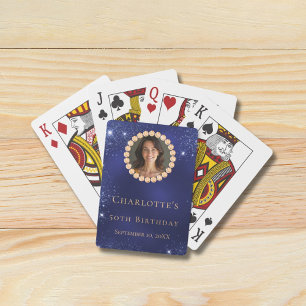 Verjaardag navyblauw gouden foto diamanten pokerkaarten