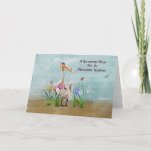 Verjaardag, neef, pelikaan, bloemen en vlinders kaart