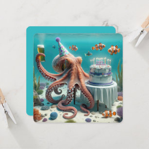 Verjaardag Octopus met een biertje Kaart