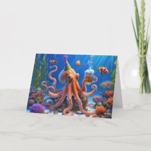 Verjaardag Octopus met een biertje Kaart