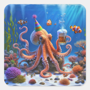 Verjaardag Octopus met een biertje Vierkante Sticker