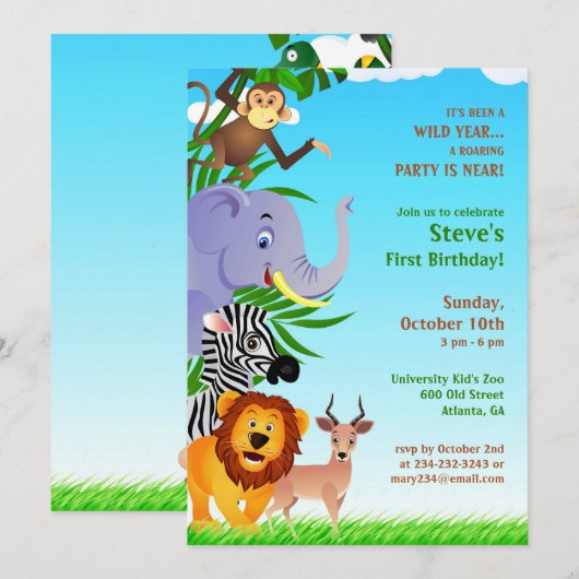 Verjaardag Oerwoud Dieren Flat Invitation Kaart (Voorkant / Achterkant)