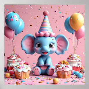 Verjaardag olifant met cake en ballonnen poster
