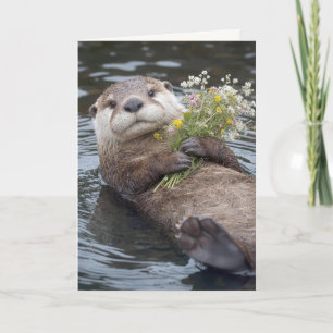 Verjaardag Otter Drijvend met Boeket Wilde Bloemen Kaart