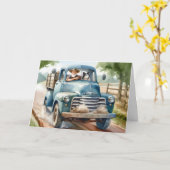 Verjaardag oud Man en hond in Blue Retro Truck Kaart (Gele Bloem)