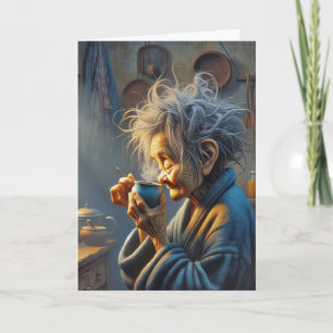 Verjaardag Oude Dame Die Ochtendkoffie Drinkt Kaart