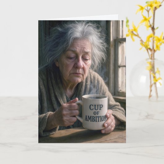 Verjaardag oude dame met stomende kop koffie kaart (Gele Bloem)