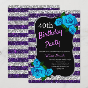 Verjaardag Paarse Silver Stripes Glitter Blue Roze Kaart