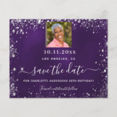 Verjaardag paarse zilveren foto save date flyer (Voorkant)
