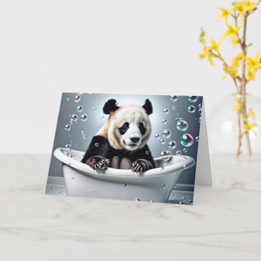 Verjaardag Panda Beer in bubbelbad Kaart (Gele Bloem)