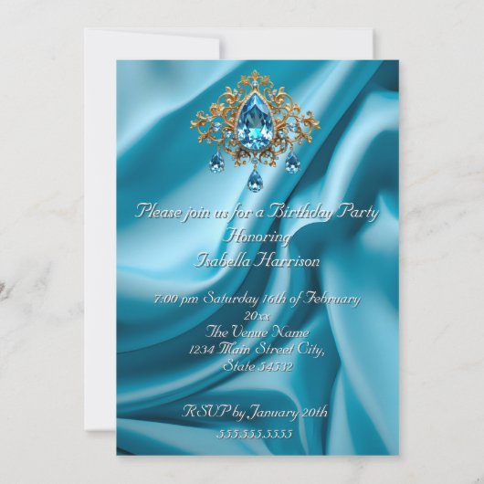 Verjaardag Party Zijde Poeder Blauw juweel Goud Kaart (Achterkant)