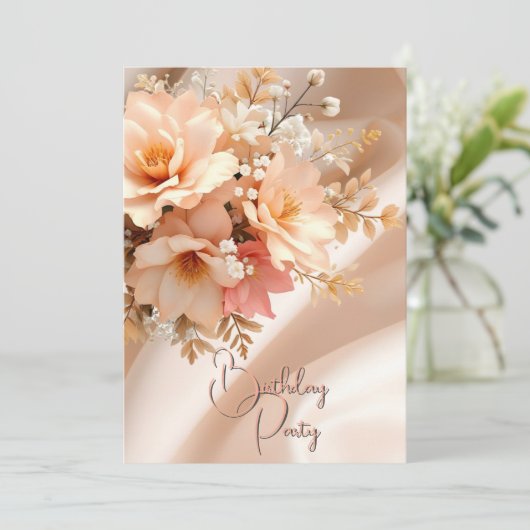 Verjaardag Party Zijdeperzik Roze Bloemen Kaart (Staand voorkant)