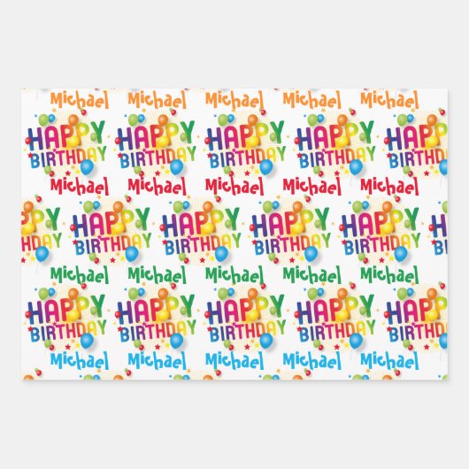 Verjaardag Personaliseer Naam Gelukkig Kleurrijk 3 Inpakpapier Vel (Voorkant 2)