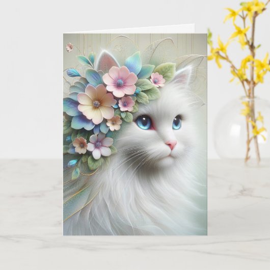 Verjaardag Perzische Kat met Bloemlaurier Kaart (Gele Bloem)