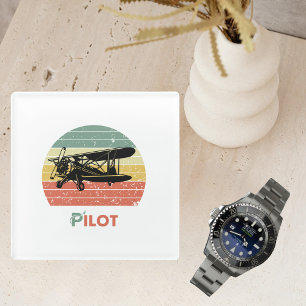 Verjaardag Piloot Vliegtuig Vintage Zonsondergang  Glazen Onderzetter