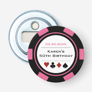 Verjaardag Poker Chip Casino Thema Roze Zwart Wit Button Flesopener