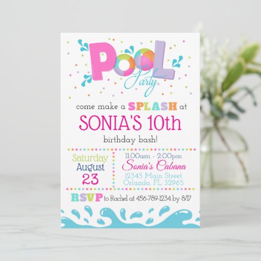 Verjaardag Pool Party Uitnodiging Roze (Staand voorkant)