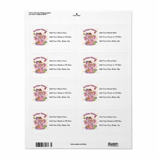 Verjaardag Prinses Ik ben Vier T-shirts en Geschen Etiket (Full Sheet)