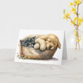 Verjaardag puppy en kitten in mand kaart (Gele Bloem)