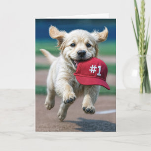 Verjaardag puppy met # 1 rode honkbal Pet Kaart