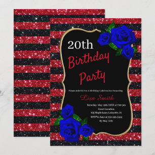 Verjaardag Red Black Stripes Glitter Deep Blue Roz Kaart