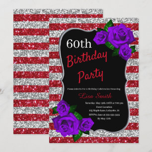 Verjaardag Red Silver Stripes Glitter Paarse Rozen Kaart