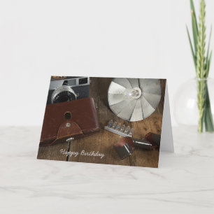 Verjaardag-retro camera en flitslampen kaart