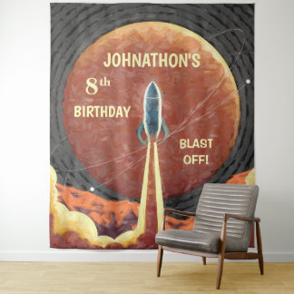 Verjaardag Rocket Ruimte Fun Foto Booth Achtergron Wandkleed