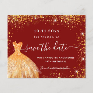 Verjaardag rode gouden jurk save the date kaart