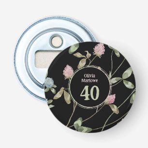 Verjaardag Romantische Zwarte Roze Klaver Bloemig Button Flesopener