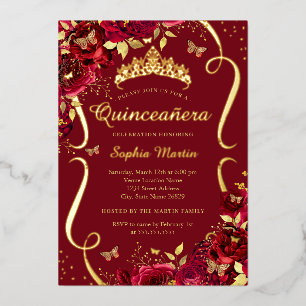 Verjaardag Rood Goud Bloemvlinder Quinceanera Folie Uitnodiging