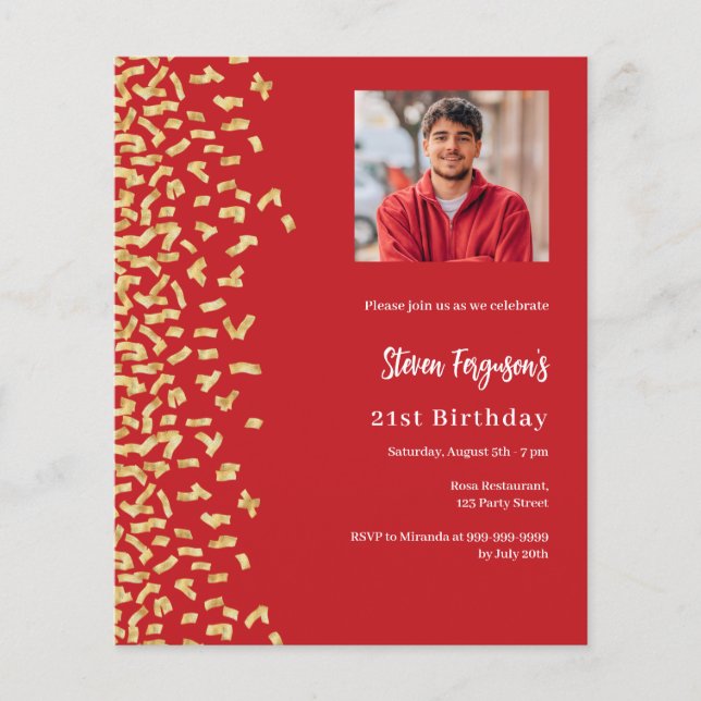 Verjaardag rood goud foto uitnodiging (Voorkant)