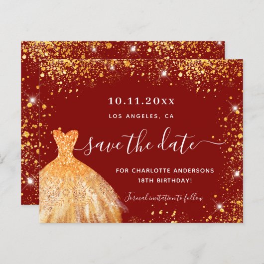Verjaardag rood goud jurk Bewaar de datum kaart (Voorkant / Achterkant)