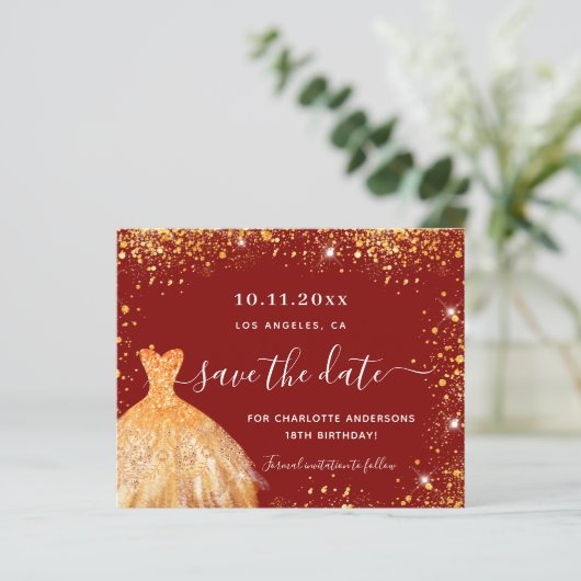 Verjaardag rood goud jurk Bewaar de datum kaart (Staand voorkant)