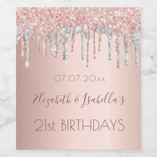 Verjaardag roos Goud Zilver Twee 2 personen Wijn Etiket (Enkel label)