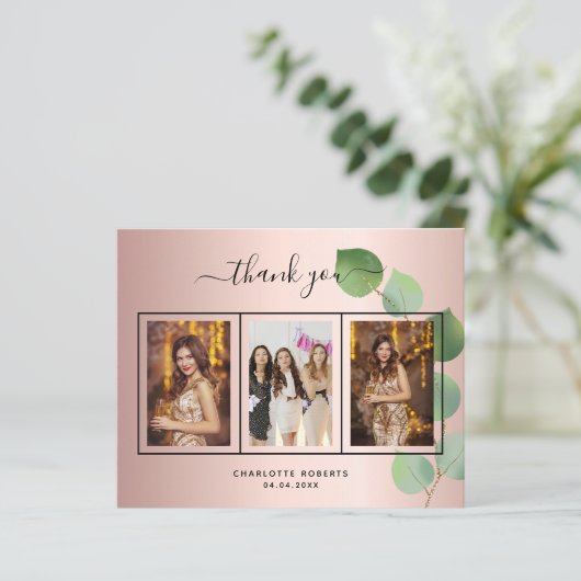 Verjaardag roos gouden roze foto dank u kaart (Staand voorkant)