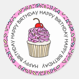 Verjaardag Roze en Vanille Cupcake Ronde Sticker