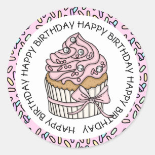 Verjaardag Roze en Vanille Cupcake Ronde Sticker