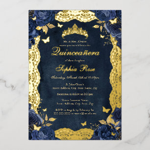 Verjaardag Roze Kant Vlinder Goud Navy Quinceanera Folie Uitnodiging