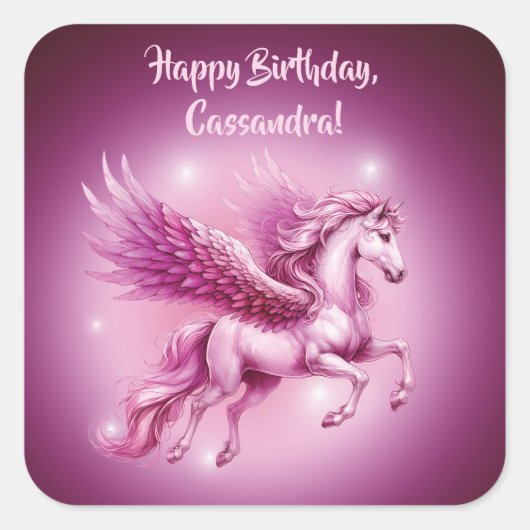 Verjaardag Roze Pegasus Fantasy Design Vierkante Sticker (Voorkant)