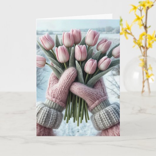 Verjaardag Roze Tulp Boeket Kaart (Gele Bloem)