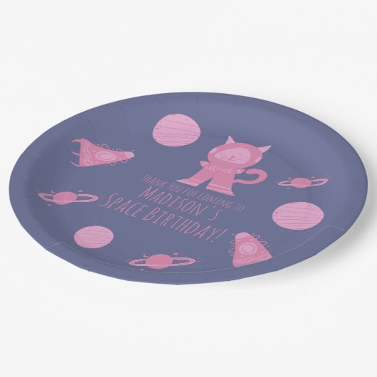 Verjaardag ruimtekat roze melkweg papieren bordje (Gekanteld)