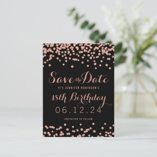 Verjaardag Save the Date Roos Gold Glitter Confett Aankondigingskaart (Staand voorkant)